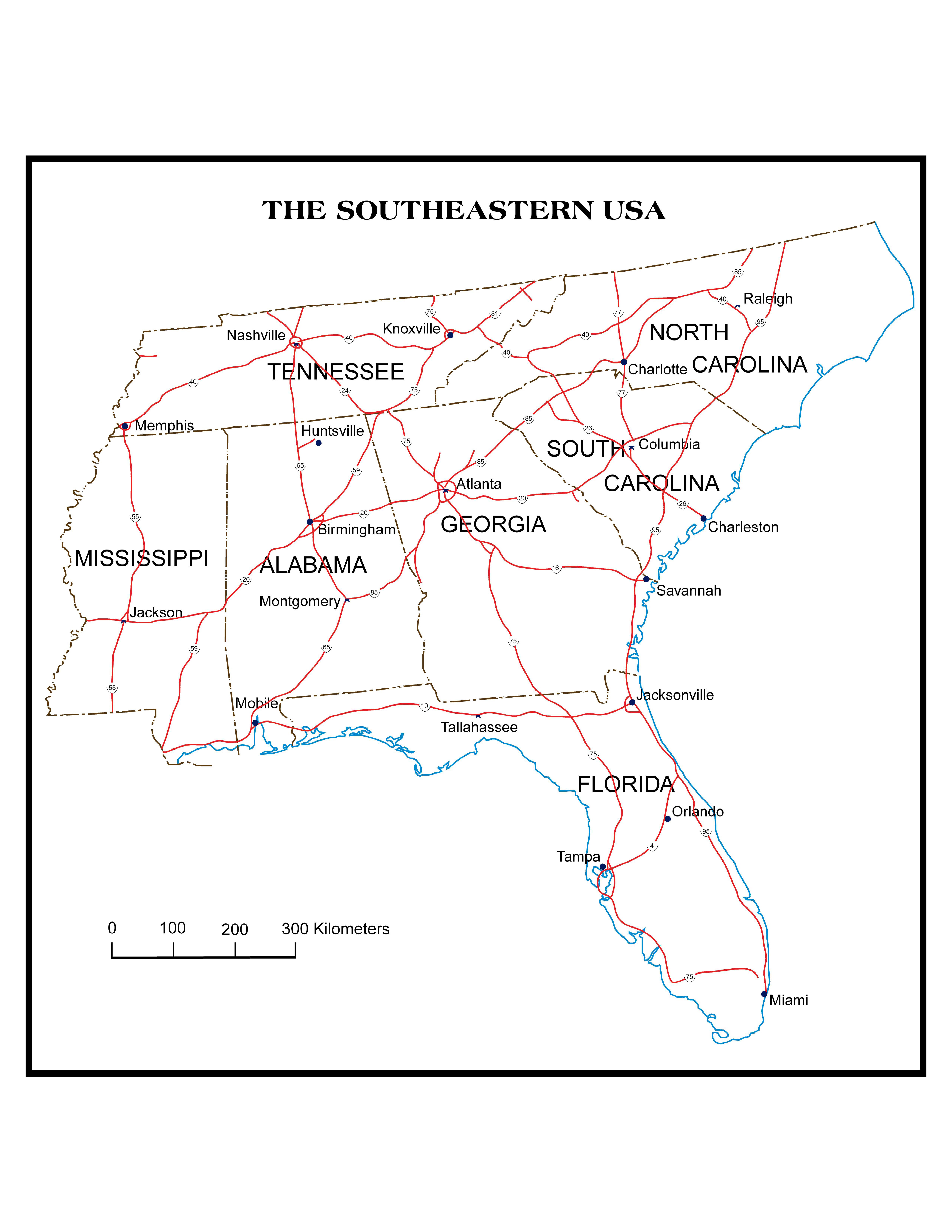 map of southeast usa with major cities U S Regional map of southeast usa with major cities