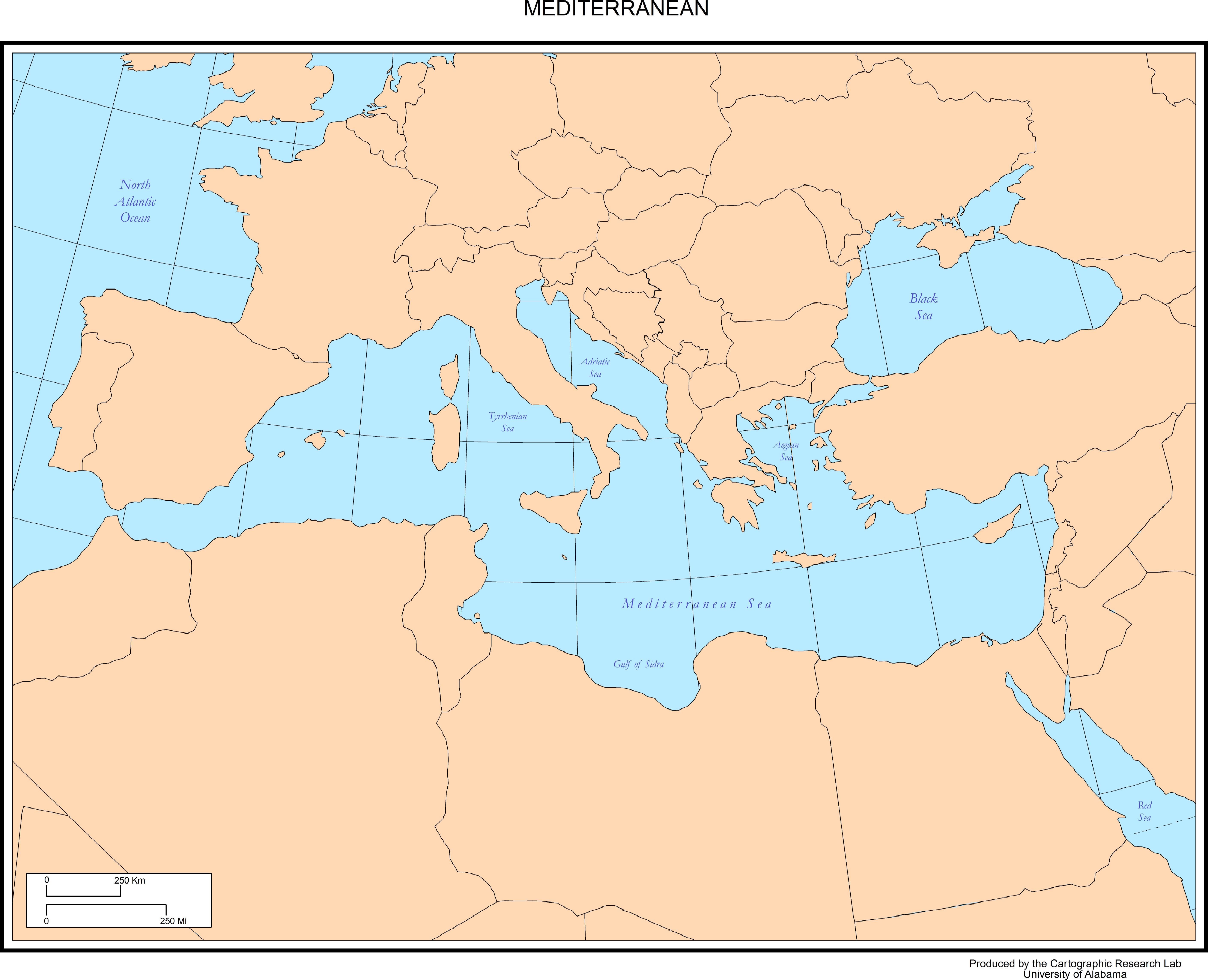This map shows where Mediterranean Sea is located on the World map. 