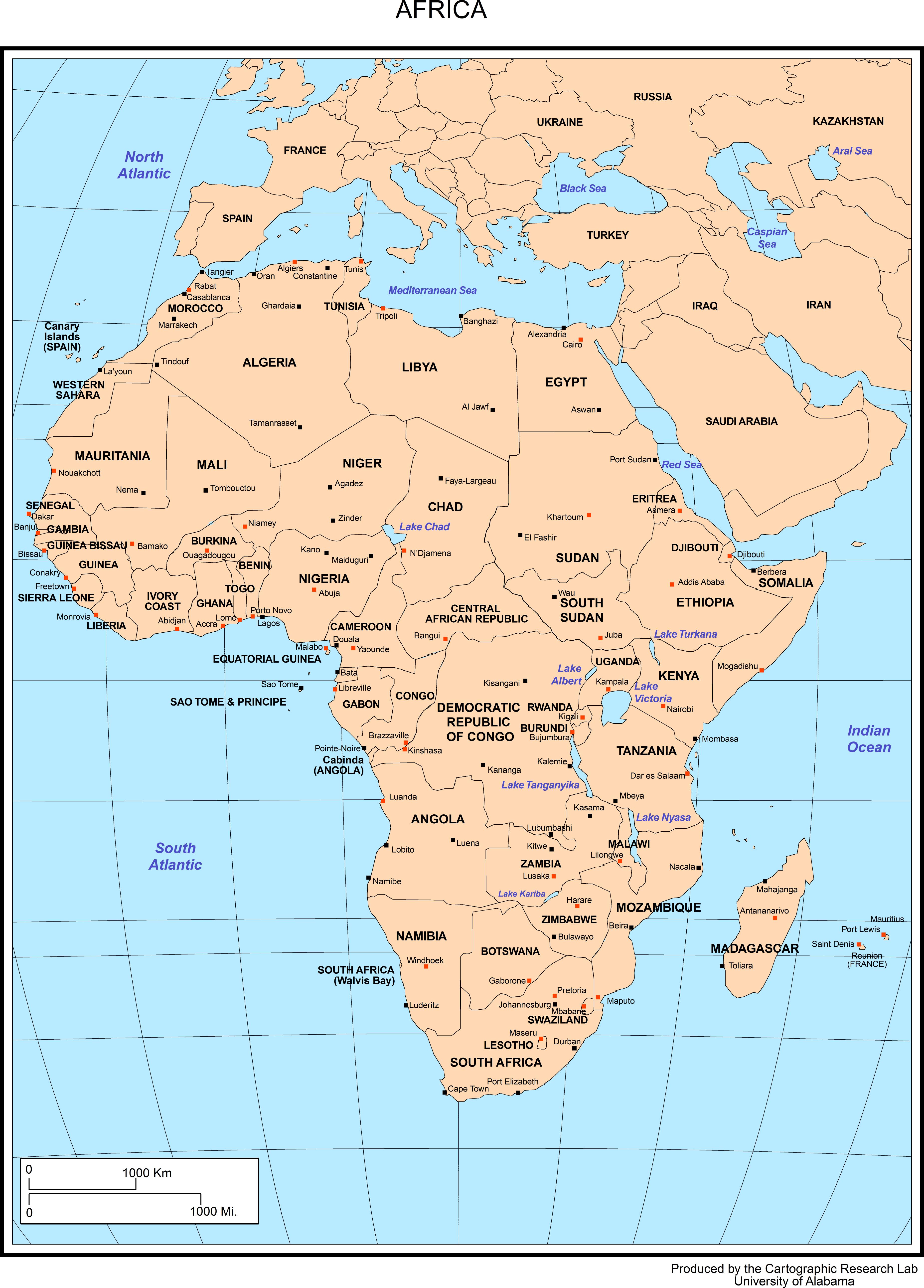 map of africa black and white with capitals