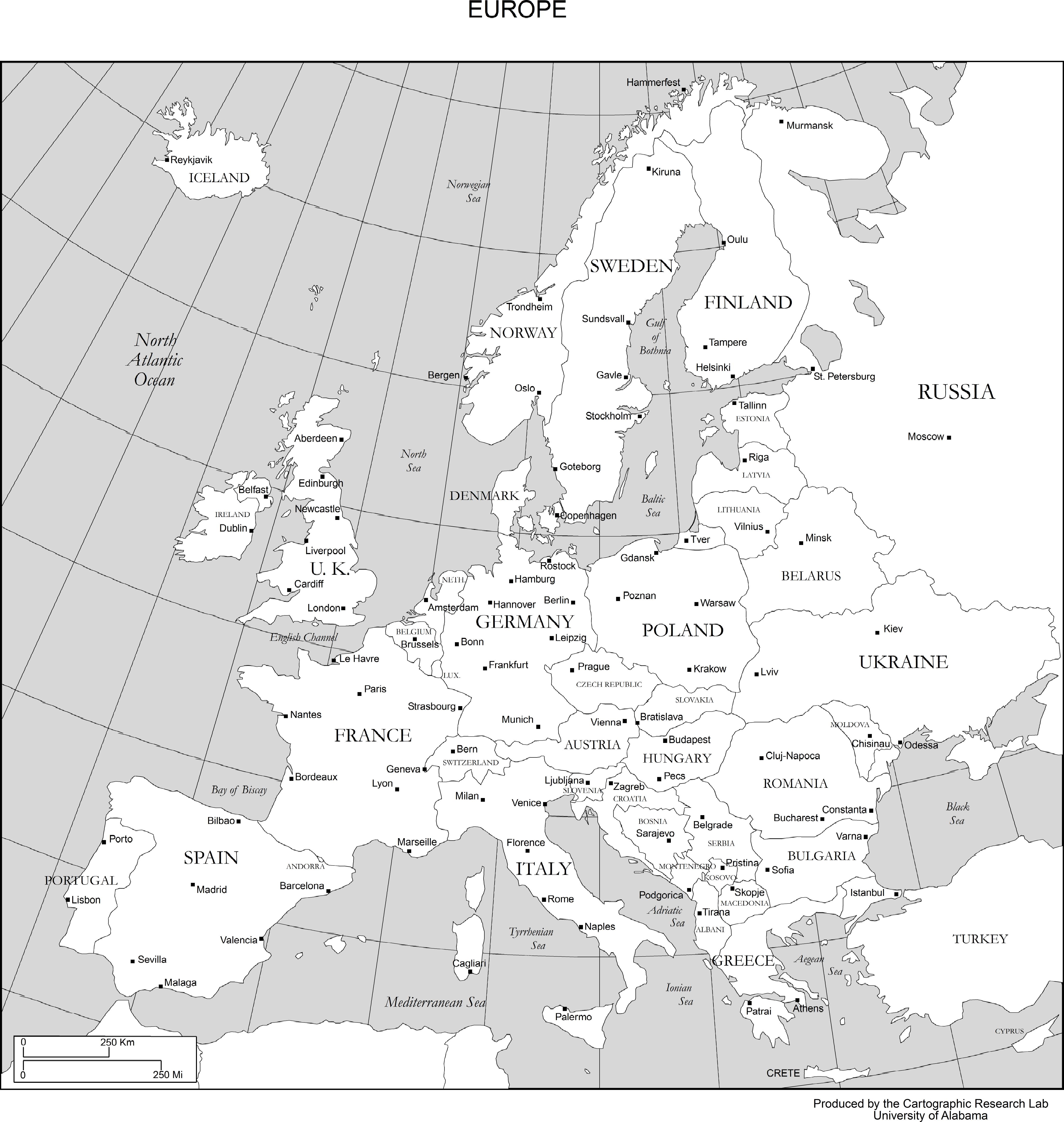 map of europe with only capitals