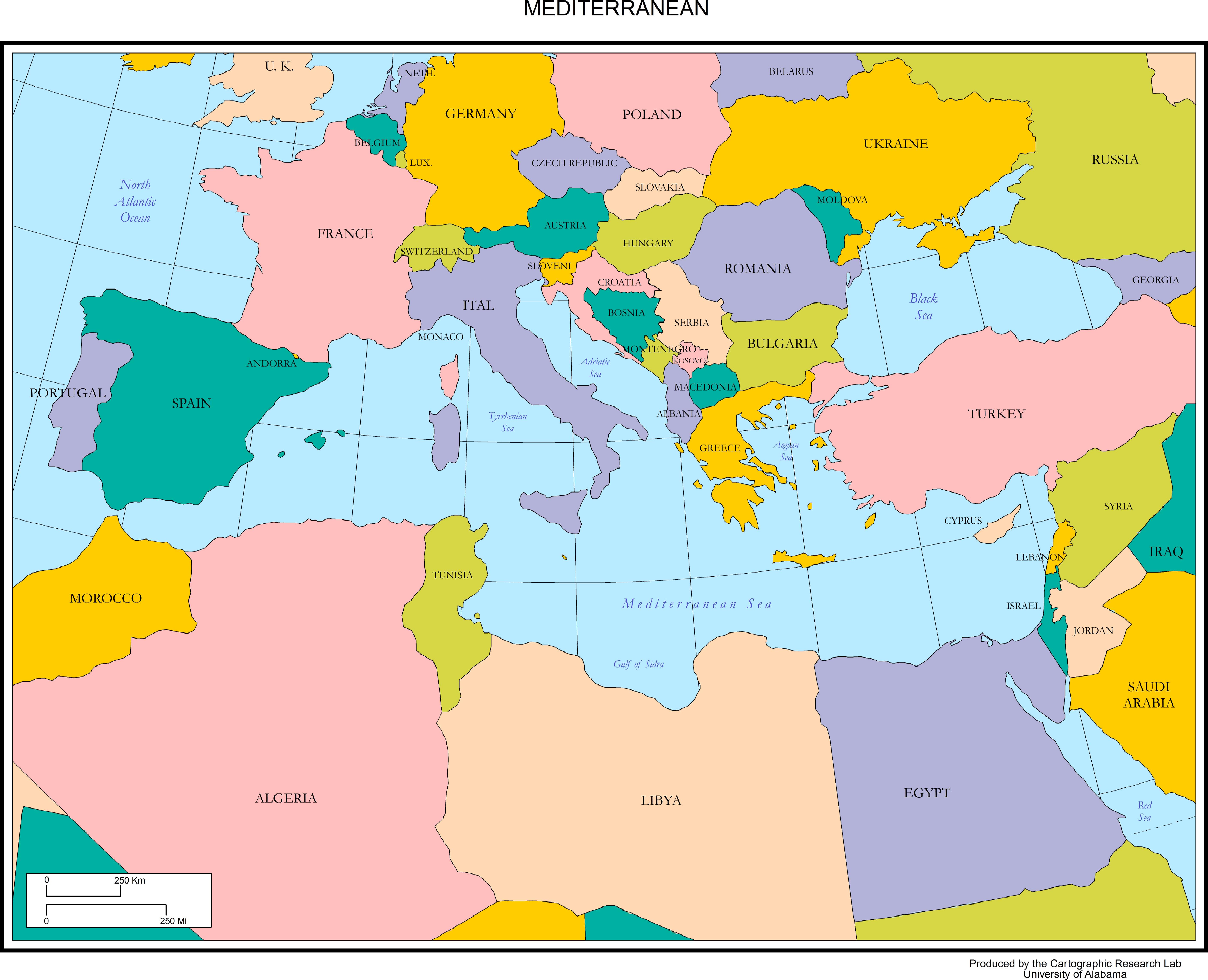 mediterranean sea countries wall map